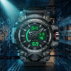 Men's Military Tactical Watch 50M Waterproof Dual Display Analog Digital Sports Wristwatch Rugged Heavy Duty Outdoor Survival Chronograph with Alarm LED Backlight and Breathable Woven Nylon Band