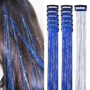 Hair Tinsel Clip in 12 Pcs 20 Inch Glitter Blue Tinsel Hair Extensions Festival Party Dazzle Fairy Hair Accessories Strands Kit