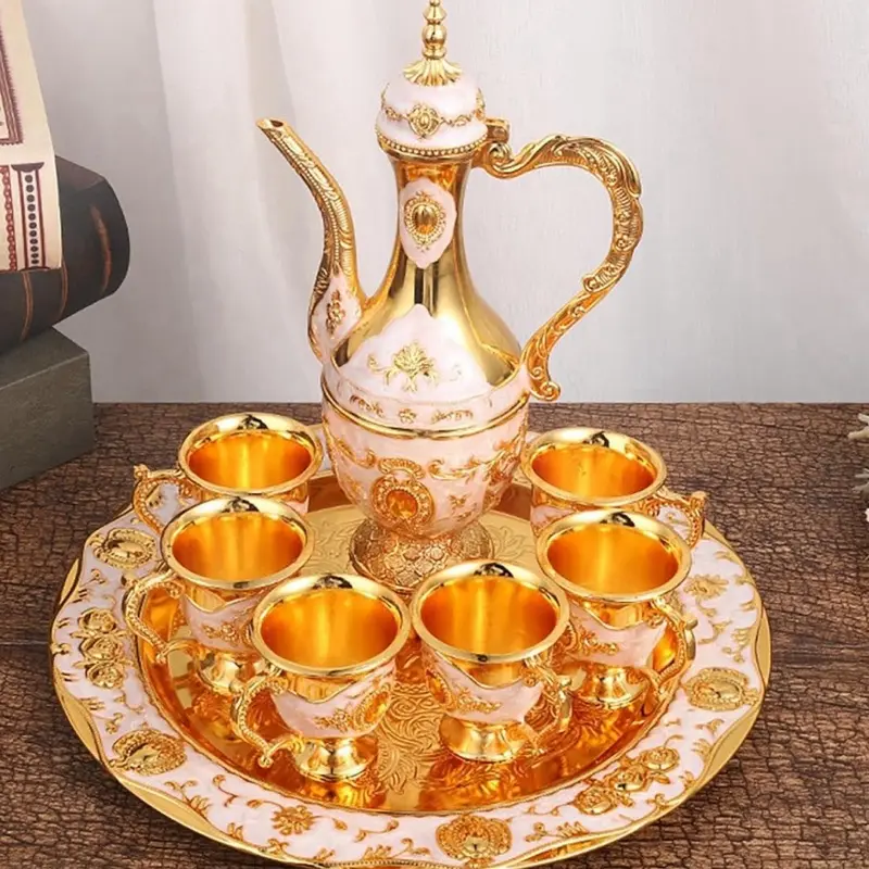 Vintage Turkish Coffee Pot Cups Set with Teapot Tray 6 Cups Decorative Tea Service Set for Coffee Tea Wine Whiskey Home Wedding Party Coffee Table Bar Counter Gold
