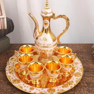 Vintage Turkish Coffee Pot Cups Set with Teapot Tray 6 Cups Decorative Tea Service Set for Coffee Tea Wine Whiskey Home Wedding Party Coffee Table Bar Counter Gold