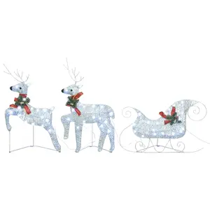 vidaXL Reindeer and Sleigh Christmas Decoration, Xmas Lighted Reindeer with 60 LEDs, Pre-Lit Christmas Lighting for Indoor Outdoor, Silver 289978