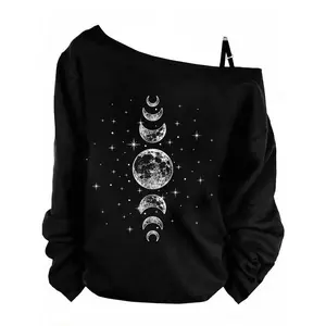 Women’s long-sleeved casual slim-fit T-shirt with moon and star patterned shoulder straps, fashionable for spring/autumn/winter, suitable for women’s everyday wear