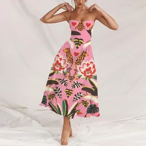 Symmetrical Flower-Print Strap Strapless Dress, Tropical style, Pop art print, Contrasting color design, Passionate and elegant dress, Forest style