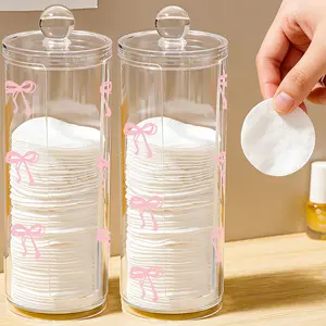 Transparent Cotton Pad Box with Bow and Heart Pattern, Cylindrical Large Capacity Storage, Washable and Easy to Clean