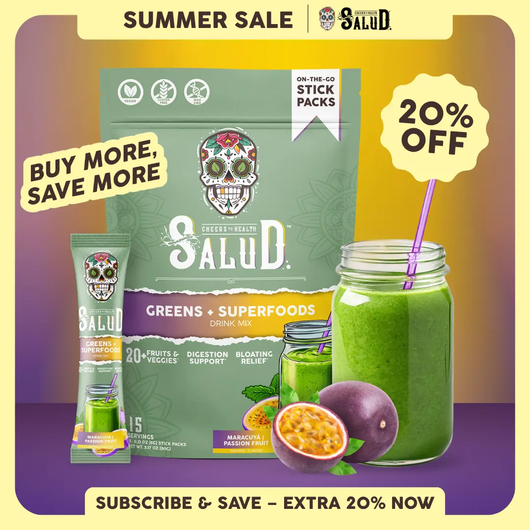 Salud 2-in-1 [Greens + Superfoods - Passion Fruit] Daily Greens Drink Mix, Agua Fresca, Gut Health & Bloating Support, Probiotics & Prebiotics, Vegan, Non-GMO, Easy-to-Drink Greens Powder (15 Servings)