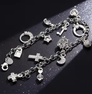 925 Silver Plated Moon Heart Lock Cross Charm 8-Inch Pendant Bracelet For Women Casual Classic Design All Season Fashion Accessories for Daily Wear