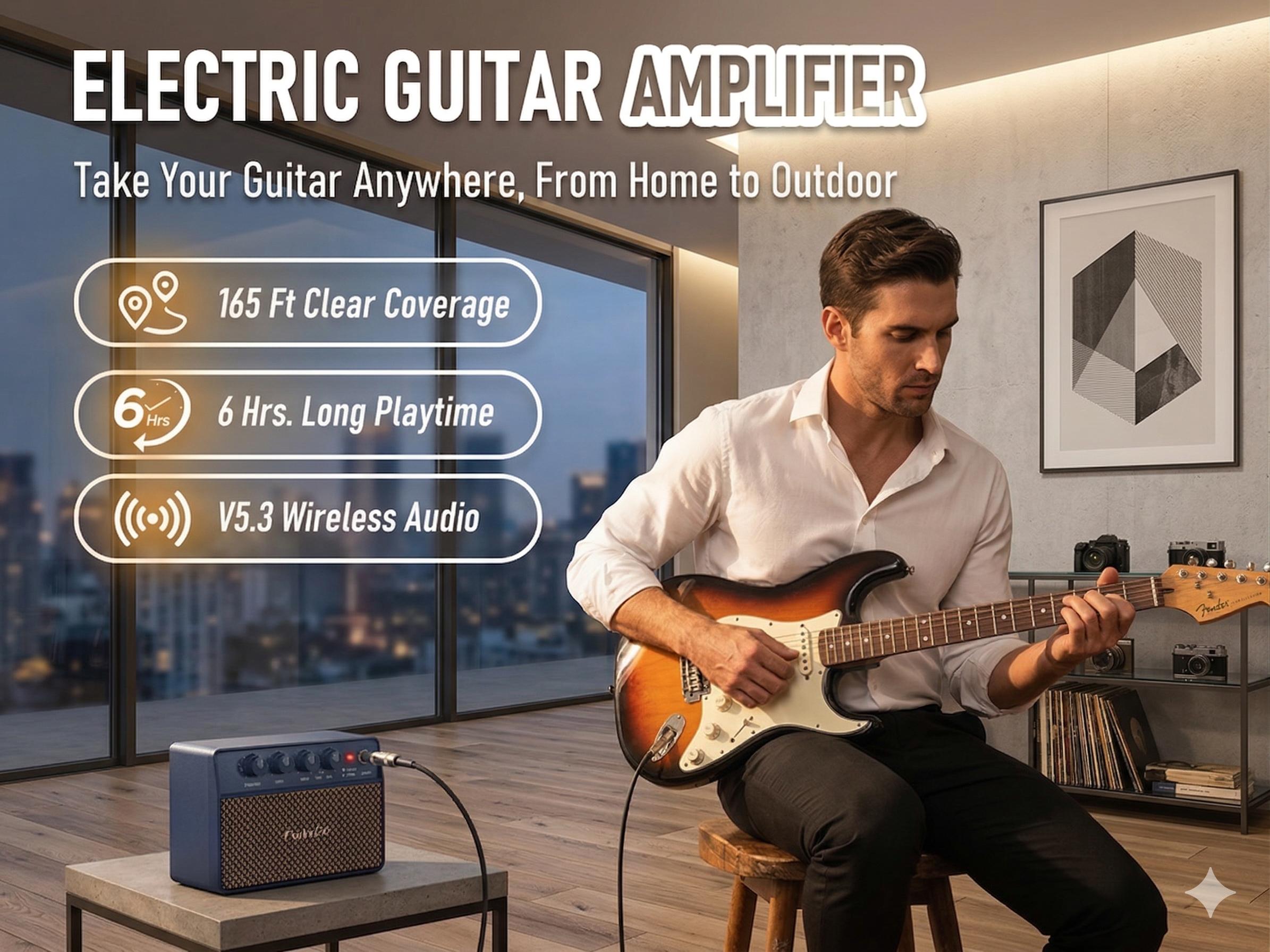 FBA-10 Guitar Amplifier, Drive/Clean Tone Electric Guitars Amp, 10W Mini Portable Amp with Type-C Rechargeable Battery 6H Work,Drive/Clean Tone Electric Guitars Amp, Wireless Vintage Guitar Speaker for Practice Travel