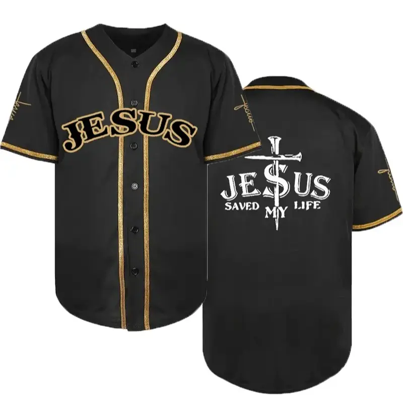 Men's Loose-Fit Baseball Jersey, Sports Style Jersey, "JESUS" Stitched Baseball Shirt, Breathable Short Sleeve Sportswear, for Sports And Leisure, Featuring Street Fashion Embroidery, Ideal for Competitions And Training Sessions, Sports Clothing