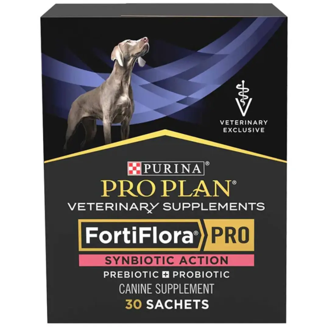 Purina Pro Plan Veterinary Canine FortiFlora Probiotic Powder Supplement - Prebiotic, Psyllium Fiber, Digestive Health Support for Dogs, 1 Box (30 Sachets)