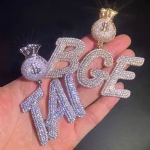 Custom Iced Out Name Pendant with Dollar Bag | Double Letter Necklace | Hip Hop Bling Jewelry for Men & Women | Gold & Silver Colors