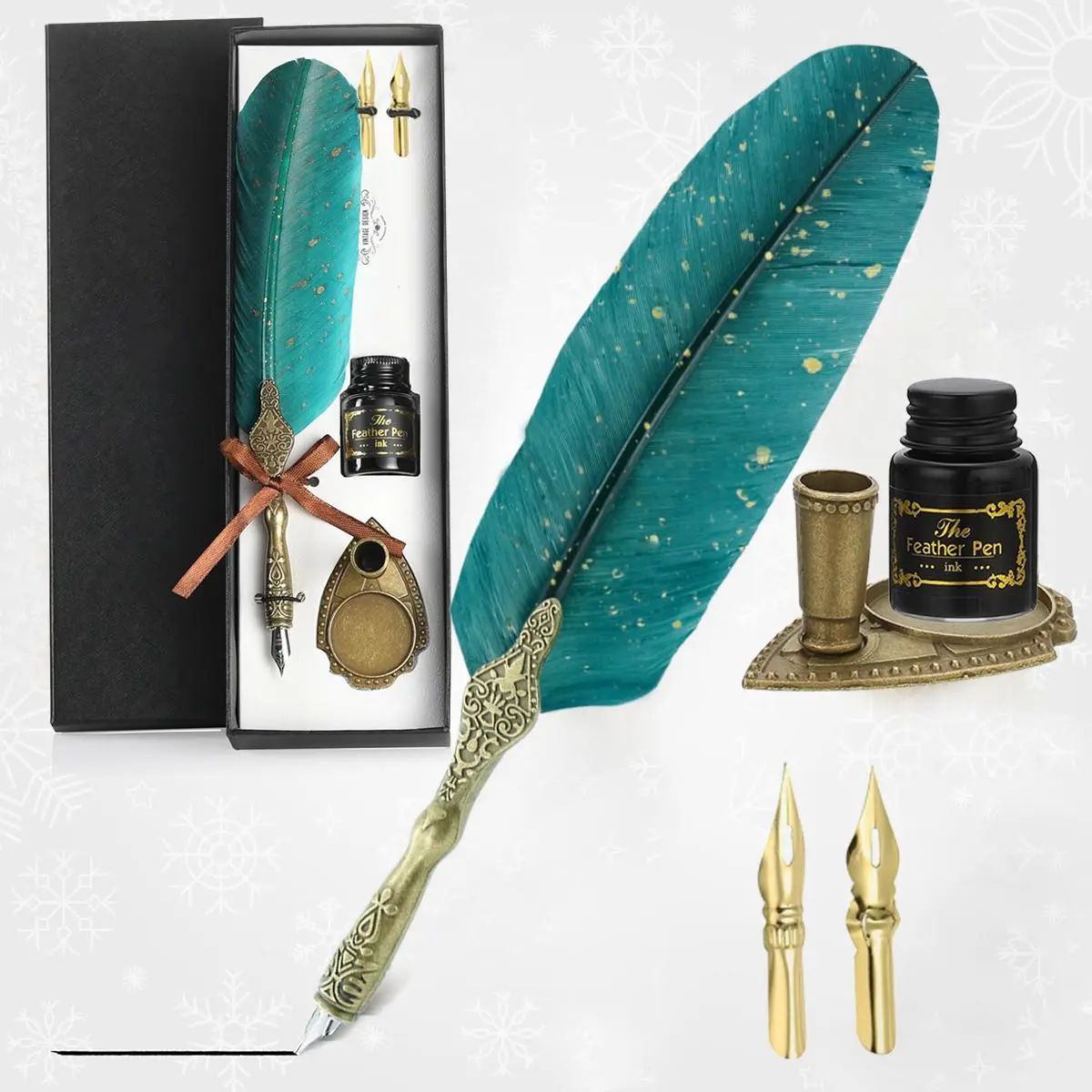 Vintage Feather Pen & Ink Set with Carved Stand, Goose Quill Pen, Calligraphy Nibs & Dip Ink – Commemorative Graduation Gift for Students Artists