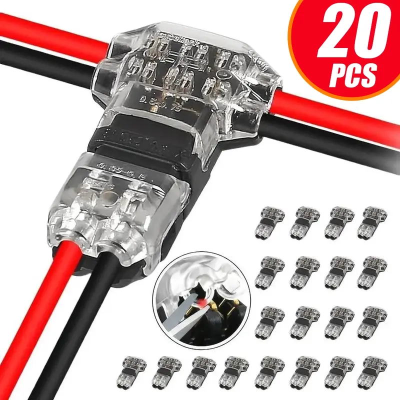 T2 Quick Connector, T Type 2 Pins Wire Splice Connectors, Solderless No Stripping 3 Way Wire Connectors for LED Strip Automotive, Waterproof Connector