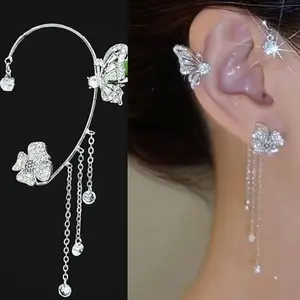 Butterfly Flower Tassel Ear Cuff Earrings, Sparkling Crystal Drop Dangle Ear Wrap Cuff, Non Pierced Cartilage Earrings for Women, Silver/Gold Plated