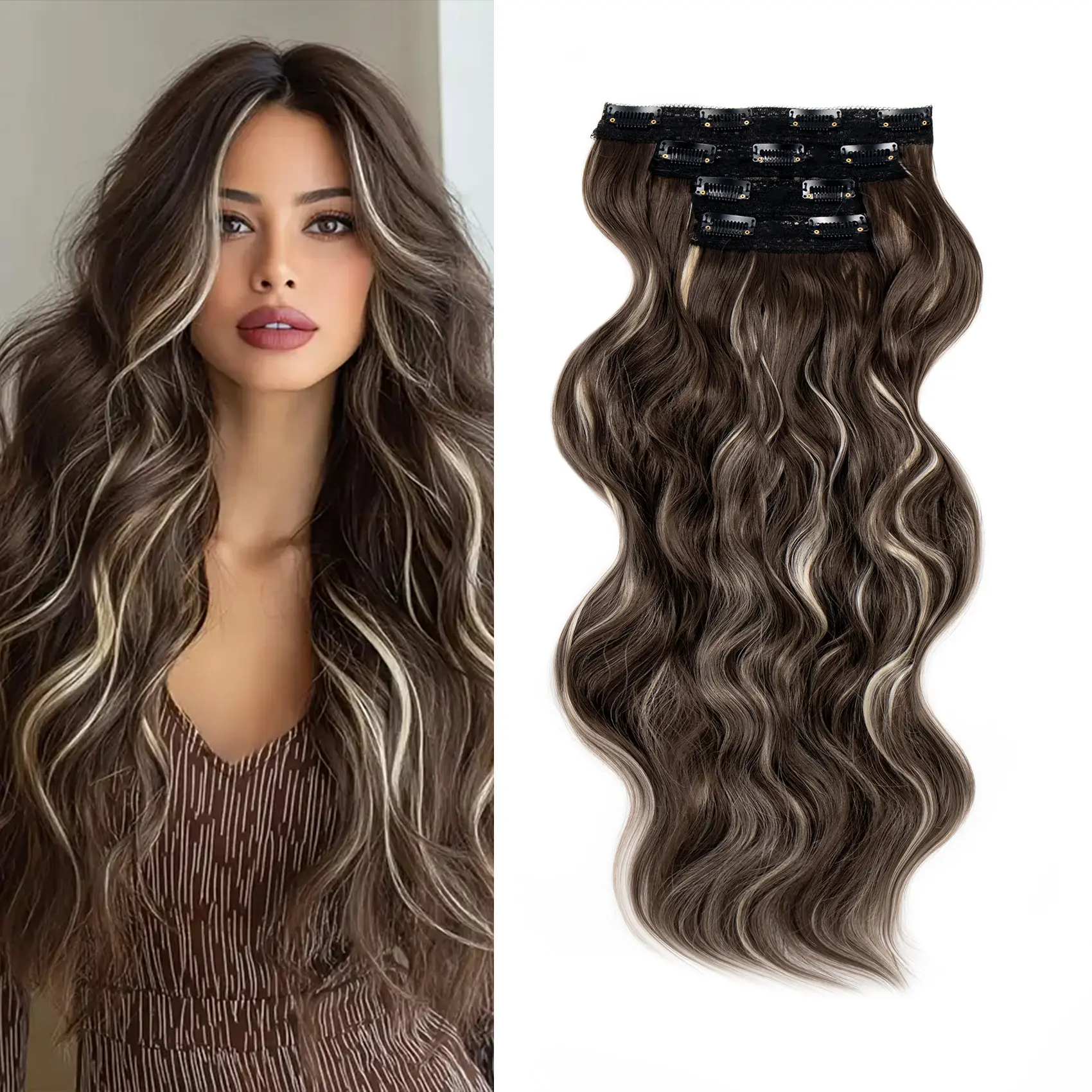 Women's Clip Hair Extensions, 24in Natural Wavy 4-PC Set, Thick Double Weft Synthetic Soft Fibers, Dark Ash Brown & Blonde Mix, Hair Weave, Gift Box Included for Everyday Wear