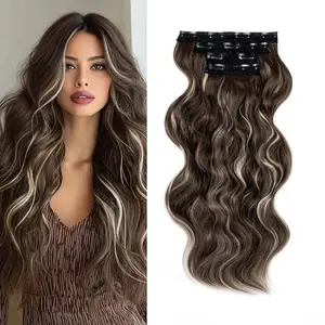 [ Qbeauty ] Dark Ash Brown  Blonde Mixed Clip- in Synthetic Hair Extensions Long Wavy 4PCS Thick Hairpieces Double Weft Natural Hair Extensions for Women