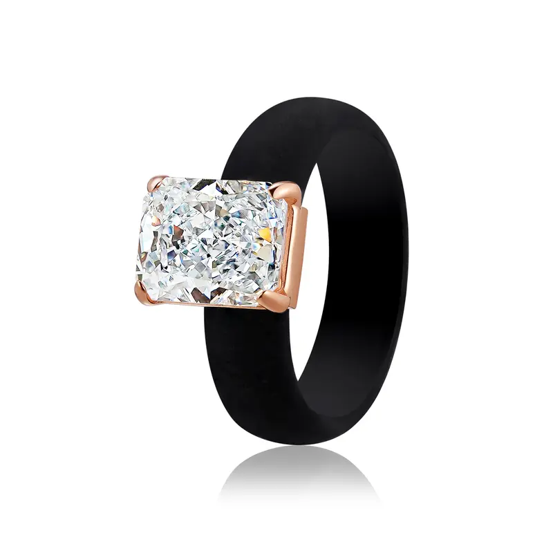 Icy White Emerald Cut CZ Silicone Ring 10x8mm Cubic Zirconia Thin Wedding Band for Women 5.7mm Comfort Stackable Glow Engagement Ring Gift For Her