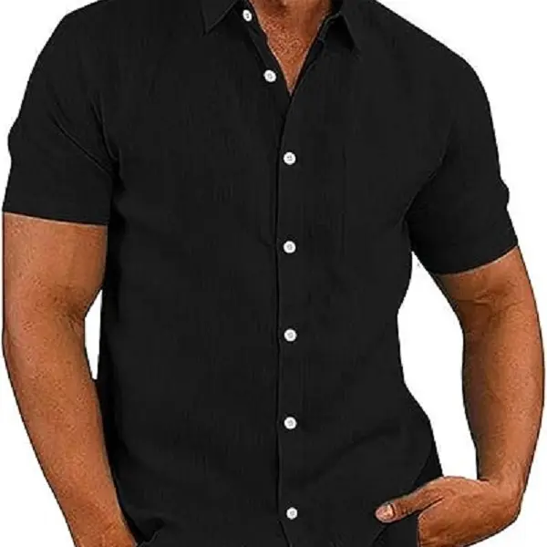 COOFANDY B Men's Linen Shirts Casual Button Down Short Sleeve Summer Beach Dress Shirt Menswear Soft Classic Chino Plain Top Elegant Stylish Jeans Black