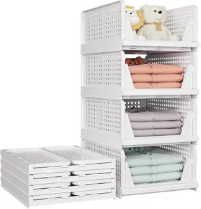 5 Pack Stackable Closet Storage Basket, Multifunctional & Foldable Closet Organizer for Bathroom Kitchen Laundry Room Wardrobe Storage, Space-Saving Clothes Storage Drawer Organizer, White