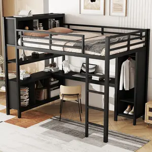 Full Size Loft Bed with Wardrobe and L-Shaped Desk, Metal Full Loft Bed Frame with Storage Cubes and Shelves, Black