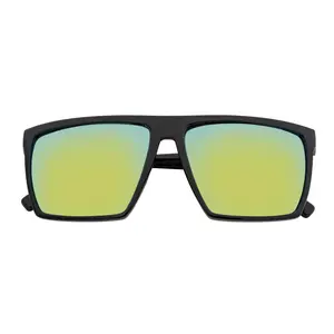 SKOL Square Sunglasses - Thin, Modern, Flat Top, Gloss Black Frame with Yellow Mirror Lenses