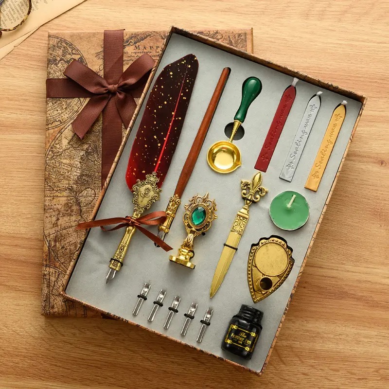 16pcs Classical Quill Pen Ink Set, Includes Dip Pens and Wax Seals, Ideal for Writing, Drawing, Vintage Desk Decor, Perfect Gift