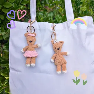Brown Teddy Bear Crochet Couple Plush Keychains – Handmade Adorable Mini Animal Bag Charm, Durable  Gift for Kids, Teens, and Collectors