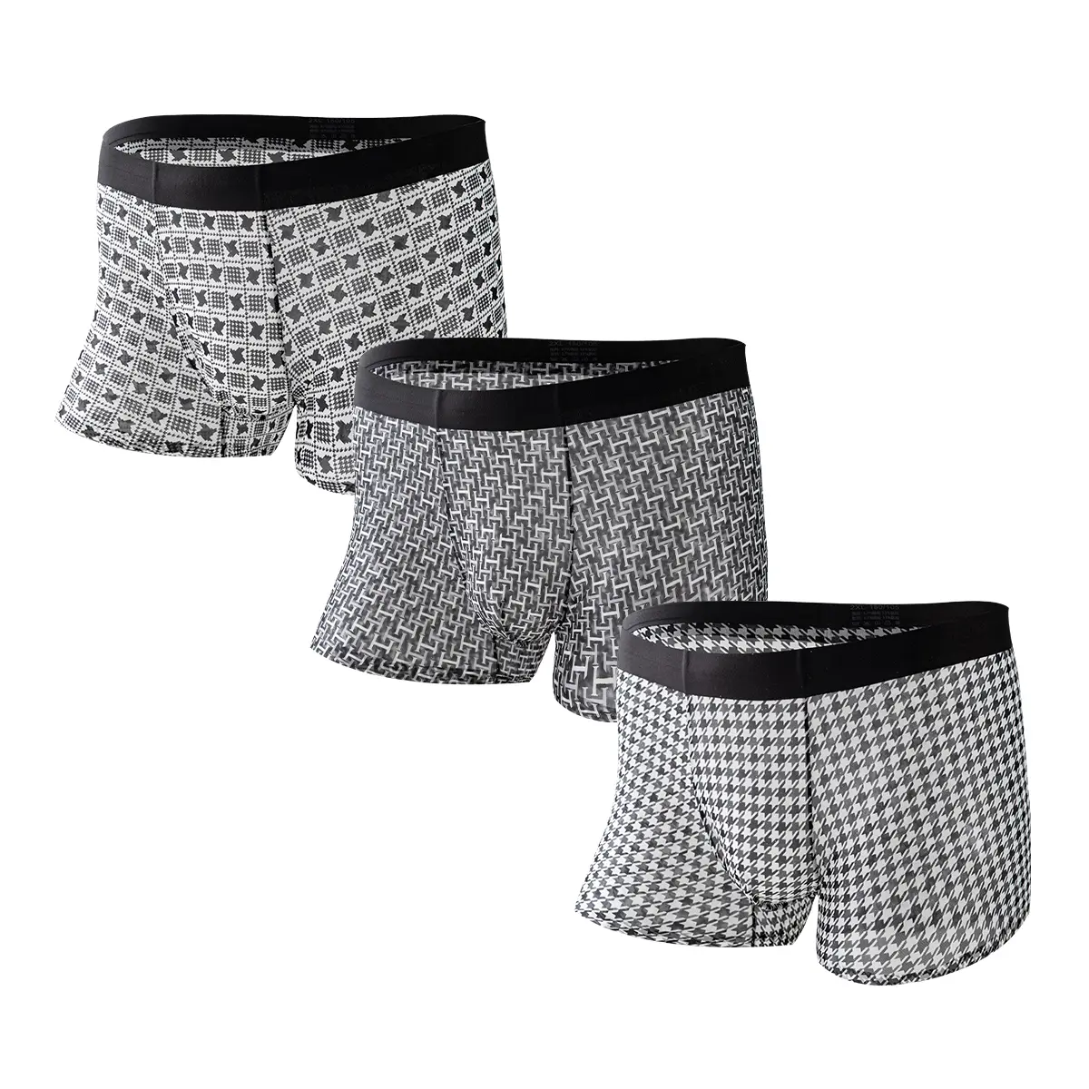 NEXFORMX Men's 3 Pack Ultra Thin Boxer Trunks Underwear with Black-and-White Geometric Print Subtle Shimmer Summer Lightweight Breathable Mesh Low Rise Soft Stretch Underpants