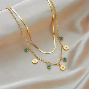 Turquoise flower pendant necklace, fashionable double-layer snake bone chain, elegant and high-end titanium steel necklace, women's jewelry suitable for daily wear