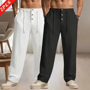 2-pack men’s lightweight, breathable, loose straight-leg pants—summer beach pants with an elastic drawstring waistband and pockets, suitable for vacations and everyday wear.