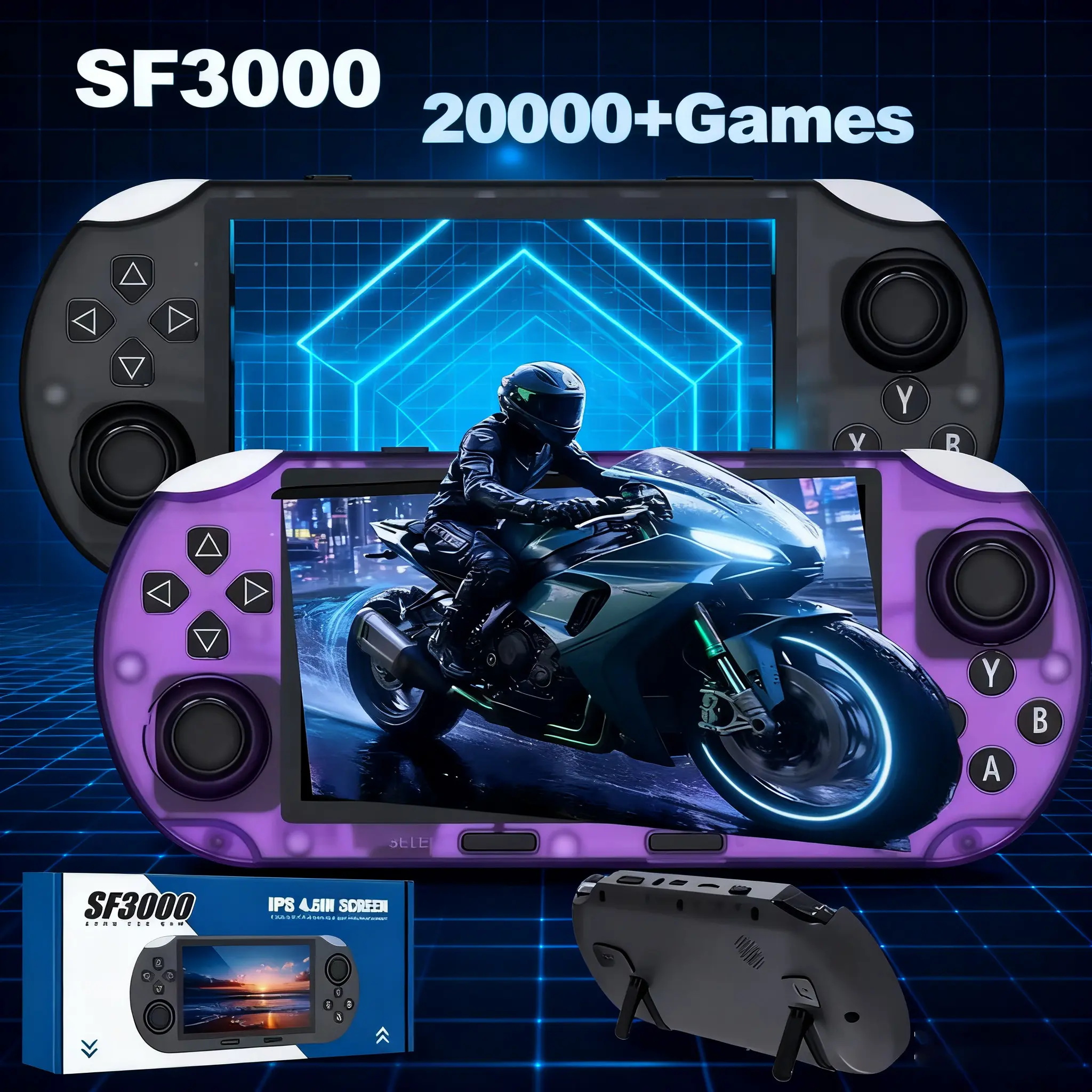 Sf3000 Handheld Game Console, HD Screen, Real Color Reproduction, Professional Gaming Chipset, 3000mah Battery, Stand Included, Video Music Player, Rechargeable Portable Console