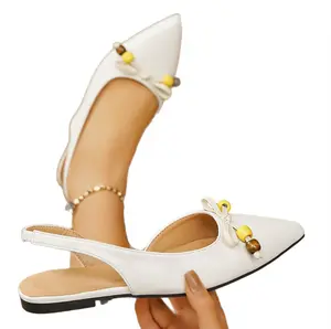 Women’s Pointed Toe Slingback Flats with Bow Bead Detail, Dressy Ballet Flats for Women, Backless Closed Toe Flat Sandals, Casual Slip On Summer Shoes for Work Office Party Travel, Black White