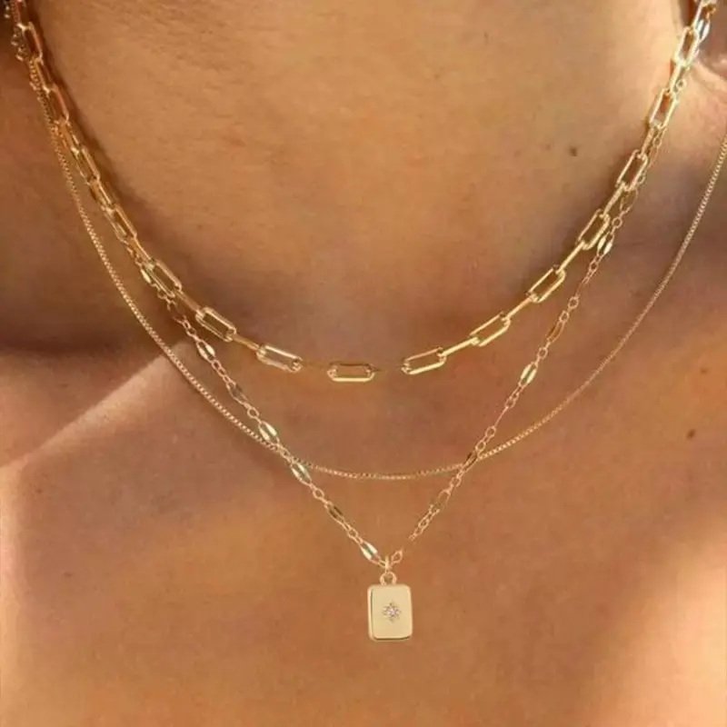 Fashion Layered Gold Necklace 3 Pieces Gilded Cable Chain & Box Chain Stackable Women's Gold Pendant Jewelry Set Copper