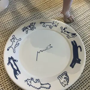 Retro blue kitten / puppy pattern ceramic flat plates