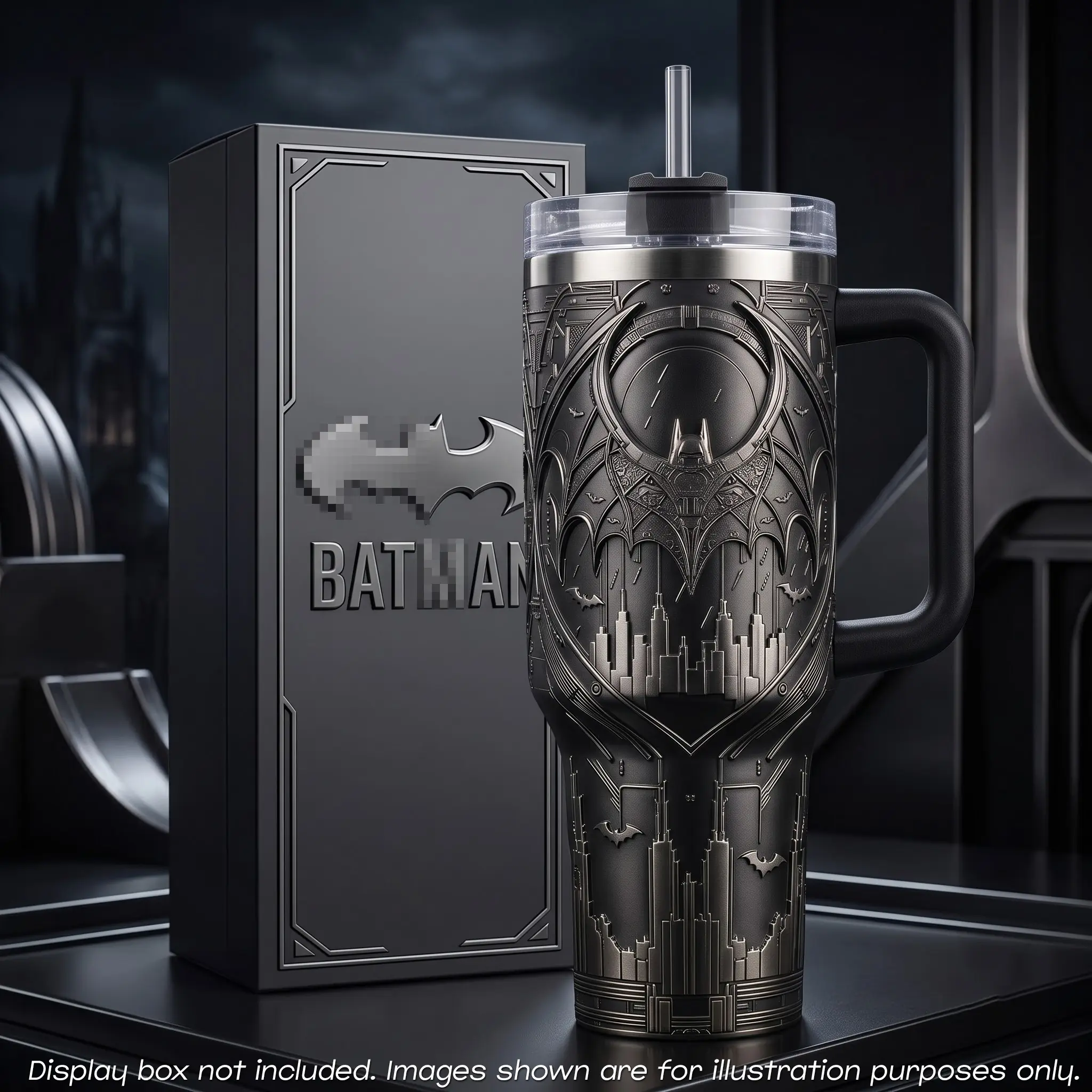 Batm*n Tumbler with Handle Straw, 40 oz Stainless Steel Insulated Travel Mug, Dark Knight Gotham City Bat Signal 2D  Matte Black Metallic Cup, Comics Superhero Fan Gift, Vintage Retro Car Water Bottle