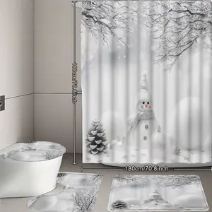 Christmas Theme Shower Curtain Set, Cute Snowman & Pinecone Print, Soft Waterproof Bathroom Decor, Includes Toilet U-Shaped Mat and Hooks