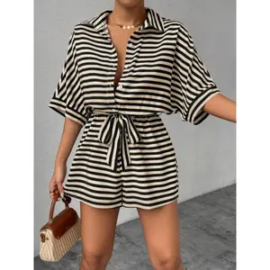 Women's striped printed bat sleeve jumpsuit, summer women's casual loose button front jumpsuitRAIMENTRY