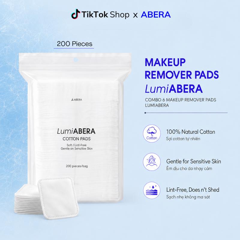 LumiABERA Makeup Remover Cotton Pads 200 Pieces - 3-Layer Natural Cotton - Helps Gently Cleanse, Lint-Free, Suitable for Sensitive Skin