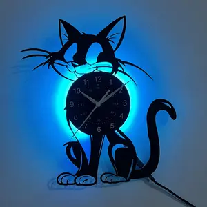 Vinyl wall clock, with colorful LED lights on the back, capable of changing to various colors. It features a cartoon cat theme. Suitable for home decoration, hotel decoration, office decoration, birthday gifts, festival gifts, and graduation gifts.