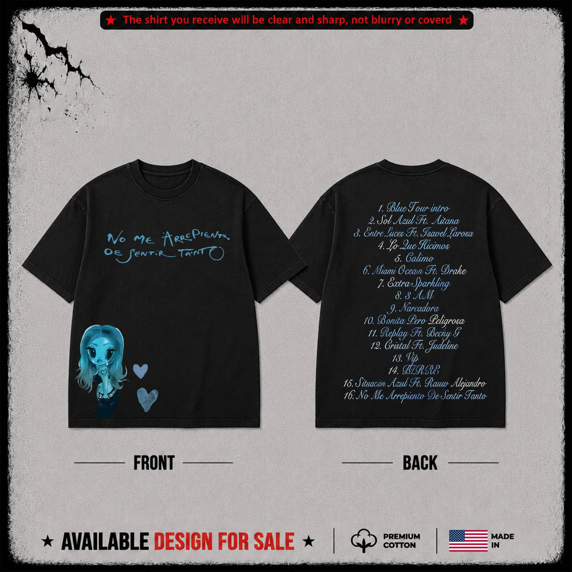 New Album No Me Arrepiento De Sentir Tanto #4 Premium Cotton T-Shirt - La Bichota Latin Queen Graphic Tee, Latin Pop Concert Tour Merch, Cute Festival Summer Shirt, Unisex Gift for Latin Fans