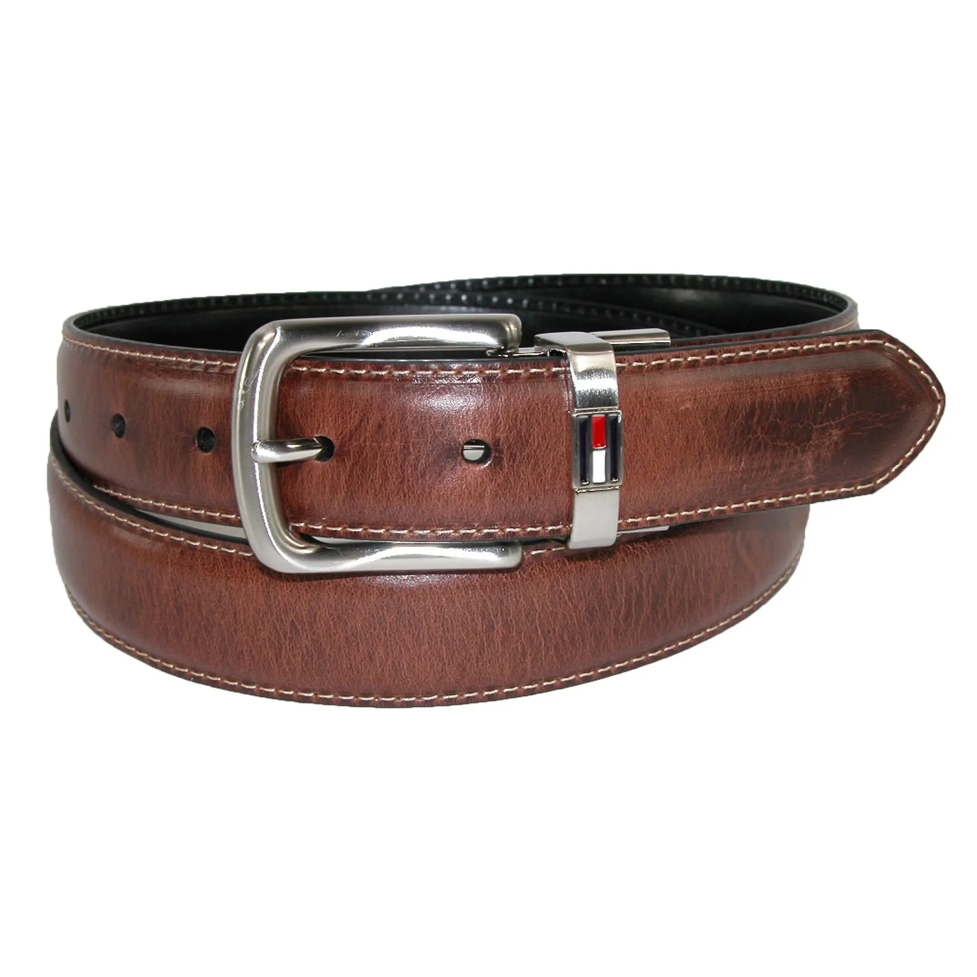 TOMMY HILFIGER Men's Reversible Leather Belt, 1.25-Inch Casual to Formal with Flag Logo and Twist Buckle