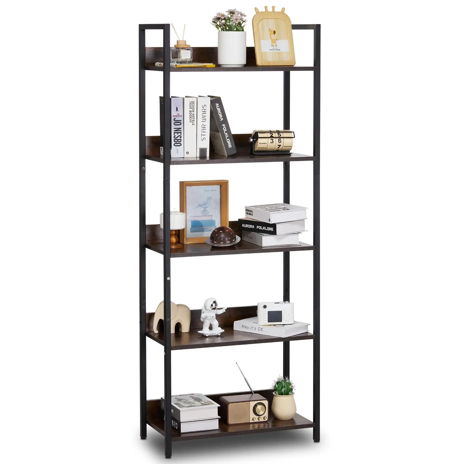 VEVOR Metal Bookshelf,  5-Tier Tall Industrial Bookshelf, Rustic Display Vintage Storage Bookcase with Open Shelves, Freestanding Display Shelving Unit Storage Rack, for Living room, Bedroom & Office