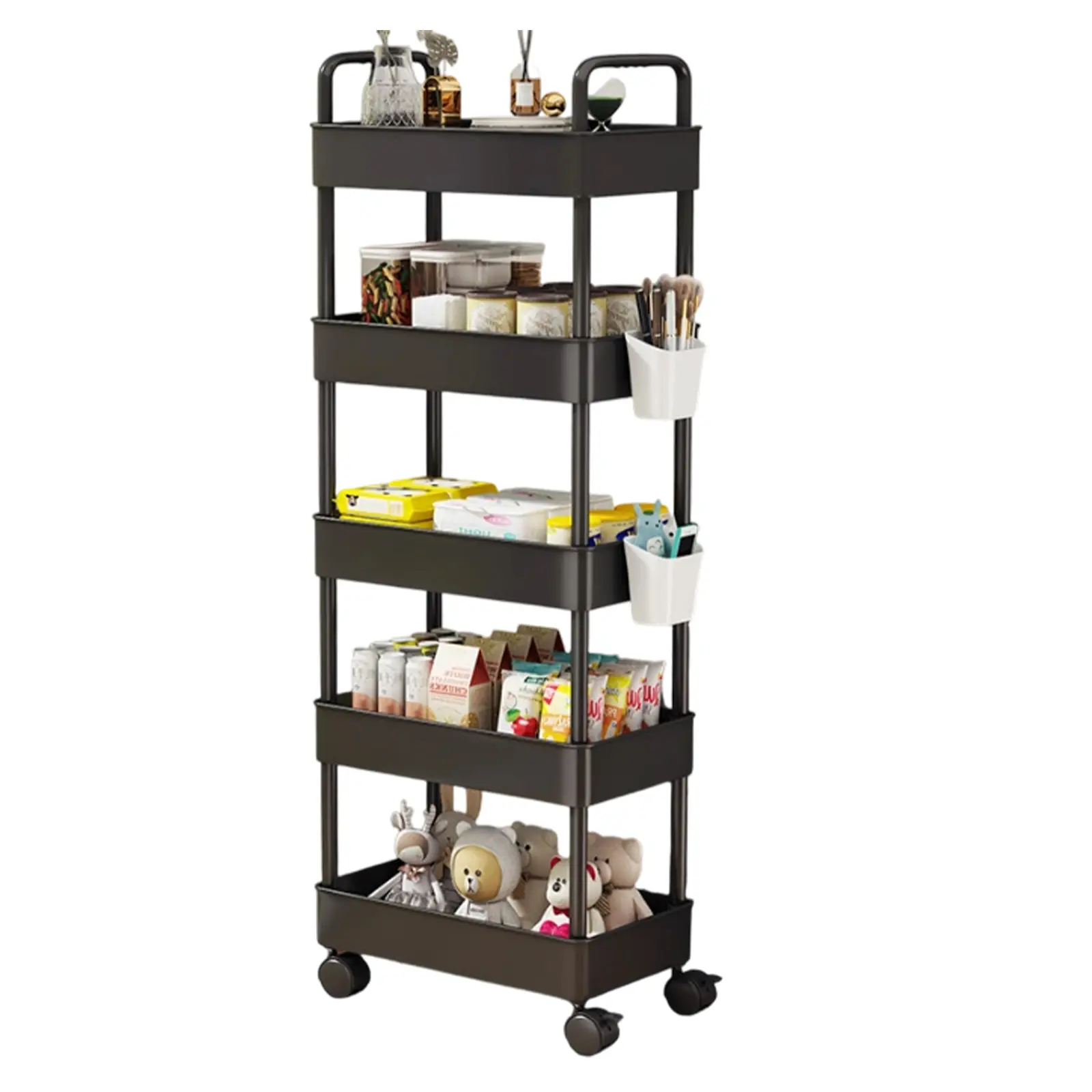 5 Tier Rolling Storage Cart Organizer, Heavy Duty Plastic Utility Cart with 360 Swivel Wheels & Dual Handles, 44 LB Capacity, Narrow Snack Organizer for Dorm Living Room Bathroom