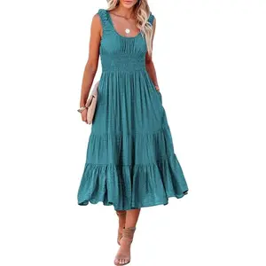 Summer Dresses Sleeveless Smocked Midi Dress High Waist Flowy A-Line Casual Sundress with Pockets Lake Blue XL