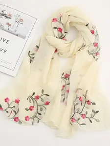 Women's Elegant Floral Embroidery Headscarf, Fashionable Chiffon Long Scarf, Muslim Daily Wear, Beach Shawl, Stylish Accessory