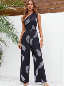 One piece set of women's casual black feather printed one shoulder jumpsuit wide leg pants, loose and slimming, suitable for all seasons, suitable for home, indoor, and outdoor wear