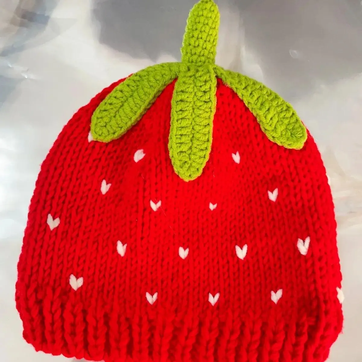 Patterned Bonnet Hats for Women, Pink Crochet Pattern Headgear with Sweet Strawberry Design, Lightweight Knitted Fabric Skull Cap, Strawberry Print, Female, Pink Crochet Pattern Hats