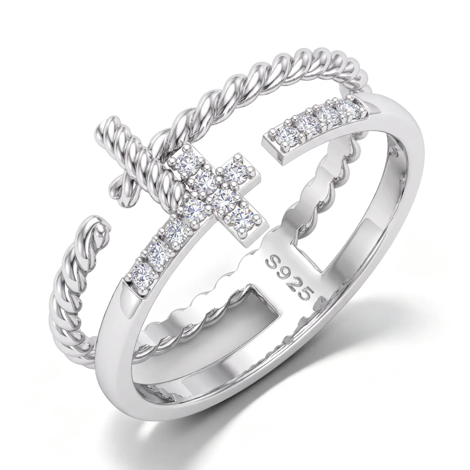 UCCIYO Women's 14 Karat Gold-Plated 925 Sterling Silver Moissanite Cross Gem Ring, Double-Band Twisted Rope Faith Ring, Christian Gift [R771 Model]
