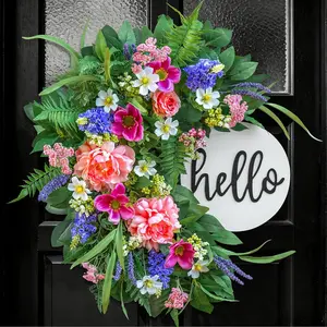 24 Inch Spring Wreath for Front Door with Wooden Welcome Sign, Artificial Peony, Rose, Lavender & Hydrangea Flowers, Spring and Summer Door Wreath for Indoor Outdoor Decor