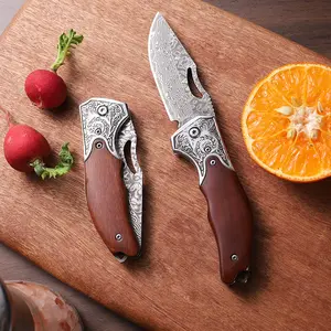 Premium Damascus Steel Folding Knife, Vintage Floral Engraved Handle, Compact EDC Knife for Men, Kitchen Prep & Collecting