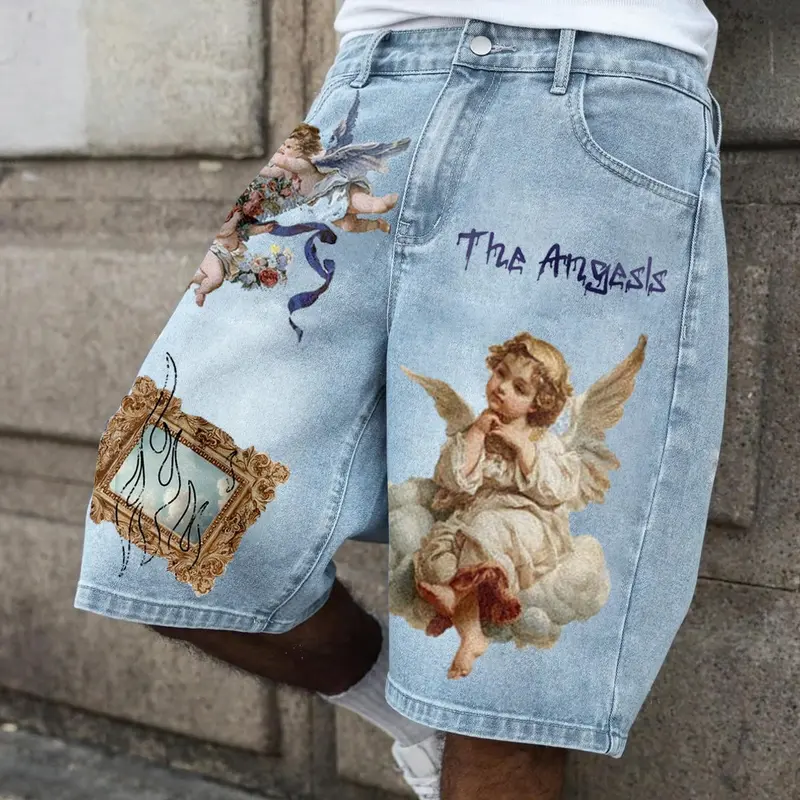Men's and Women's Star Print Graphic Denim Summer Shorts, American High-Street Loose Distressed Jean Shorts for Street Style, Skateboarding, Y2K Fashion and Daily Commutes, Everyday Denim Shorts